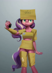 Size: 5000x7000 | Tagged: explicit, artist:darkdoomer, diamond tiara, anthro, armor, banned from derpibooru, camera, cardboard box, clothes, context is for the weak, cosplay, costume, earth pony, female, imported from twibooru, lolicon, nudity, partial nudity, selfie, solo, underage, vagina, vulva