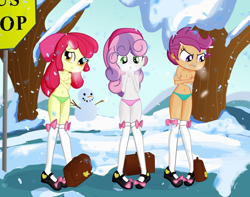 Size: 1217x960 | Tagged: questionable, artist:ohohokapi, apple bloom, scootaloo, sweetie belle, banned from derpibooru, bus stop, child, clothes, cutie mark crusaders, edit, equestria girls, exhibitionism, female, imported from twibooru, lolicon, nipples, nudity, panties, partial nudity, snow, snowman, socks, this will end in hypothermia, topless, trio, trio female, underage, underwear
