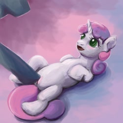 Size: 500x500 | Tagged: explicit, artist:chelicerae, sweetie belle, blushing, female, foalcon, g4, hoofjob, imported from derpibooru, male, nudity, on back, open mouth, smiling, straight, vulva