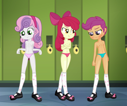 Size: 1684x1408 | Tagged: questionable, artist:ohohokapi, apple bloom, scootaloo, sweetie belle, apple bloom's bow, banned from derpibooru, blushing, bow, breasts, canterlot high, clothes, crossed arms, cutie mark crusaders, delicious flat chest, embarrassed, equestria girls, exhibitionism, female, females only, hair bow, hallway, headband, heart print, human, imported from twibooru, lockers, lolicon, mary janes, nipples, nudity, panties, partial nudity, shoes, shoes only, small breasts, socks, stockings, teenager, thigh highs, topless, trio, trio female, underage, underwear