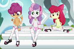 Size: 1357x896 | Tagged: questionable, artist:ohohokapi, apple bloom, scootaloo, sweetie belle, banned from derpibooru, child, clothes, cutie mark crusaders, eating, edit, equestria girls, exhibitionism, female, food, imported from twibooru, lolicon, nipples, nudity, panties, partial nudity, sandwich, socks, topless, trio, trio female, underage, underwear