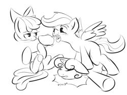 Size: 1263x943 | Tagged: explicit, artist:synad, apple bloom, scootaloo, sweetie belle, cum, cutie mark crusaders, facial, female, filly, foal, foalcon, g4, human, human male, human male on filly, human on pony action, imported from derpibooru, interspecies, male, monochrome, nudity, penis, pony, straight