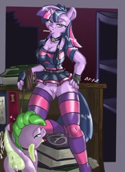 Size: 1049x1444 | Tagged: explicit, artist:fuf, spike, twilight sparkle, anthro, breasts, clothes, dragon, foalcon, g4, imported from derpibooru, legwear, nudity, penis, stockings, thigh highs, vagina
