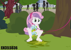 Size: 935x661 | Tagged: questionable, artist:excelso36, sweetie belle, banned from derpibooru, censored, female, fetish, human, humanized, imported from twibooru, lolicon, peeing on the floor, pissing, skinny legs, thin legs, thin thighs, underage, urine, watersports