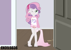Size: 935x661 | Tagged: questionable, artist:excelso36, sweetie belle, banned from derpibooru, female, fetish, human, humanized, imported from twibooru, lolicon, narrow hips, peeing in panties, skinny legs, thin legs, thin thighs, underage, urine, watersports