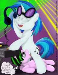 Size: 1000x1288 | Tagged: explicit, artist:smudge proof, oc, canon x oc, commission, cunnilingus, dj pon-3, drool, eyes closed, female, foalcon, g4, imported from derpibooru, laser, lesbian, mare on filly, open mouth, pasties, pony, tape on crotchboobs, unicorn, vinyl scratch