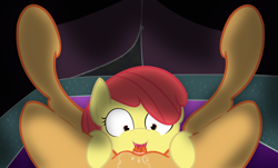 Size: 1280x775 | Tagged: explicit, artist:jakejoke, artist:overmare, apple bloom, applejack, applecest, cunnilingus, drool, female, female pov, foalcon, g4, hooves, imported from derpibooru, incest, lesbian, mare on filly, nudity, pov, ship:bloomjack, shipping, sleeping, somnophilia, tent, vagina, vaginal secretions