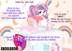 Size: 935x662 | Tagged: questionable, artist:excelso36, sweetie belle, banned from derpibooru, female, fetish, human, humanized, imported from twibooru, lolicon, peeing in diaper, skinny legs, thin legs, thin thighs, underage, urine, watersports