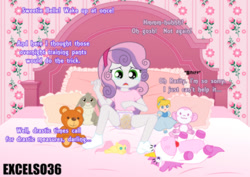 Size: 935x661 | Tagged: questionable, artist:excelso36, fluttershy, sweetie belle, bambi, banned from derpibooru, cinderella, female, fetish, human, humanized, imported from twibooru, lolicon, monkey, original species, peeing in panties, plush pony, plushie, pony, skinny legs, teddy bear, thin legs, thin thighs, thumper, underage, unicorn, urine, watersports