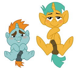 Size: 714x689 | Tagged: explicit, artist:kog, balls, blushing, colt, dead source, foal, foalcon, g4, imported from derpibooru, male, males only, nudity, penis, penis size difference, pony, reasonably sized genitals, sausage fest, snails, snips, unicorn