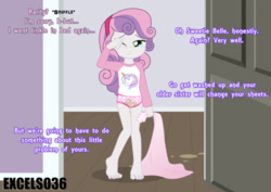 Size: 935x661 | Tagged: questionable, artist:excelso36, sweetie belle, banned from derpibooru, female, fetish, human, humanized, imported from twibooru, lolicon, peeing in panties, skinny, thin legs, thin thighs, underage, urine, watersports