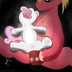 Size: 2000x2000 | Tagged: explicit, grimdark, grotesque, artist:kinkycelestia, sweetie belle, age difference, all the way through, anal, anatomically incorrect, anus, balls, big macintosh, cock lift, drool, earth pony, female, filly, foal, foalcon, g4, horn, horsecock, human vulva on pony, imported from derpibooru, long penis, male, nonconsensual, nudity, older male, penetration, penis, pony, rape, reverse blowjob, reverse oral, sex, ship:sweetiemac, shipping, simple background, size difference, smiling, source needed, spread legs, spreading, stallion, stallion on filly, straight, unicorn, useless source url, vulva, who needs organs?, younger female