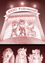 Size: 1224x1692 | Tagged: explicit, artist:jaxonian, apple bloom, applejack, rainbow dash, rarity, scootaloo, sweetie belle, 1000 followers, ask fapplebloom, blushing, chest fluff, crotchboobs, cutie mark crusaders, embarrassed, fapplebloom, female, filly, flash, flashing, foal, foalcon, followers, g4, horn, horrified, implied lesbian, implied scootadash, implied shipping, imported from derpibooru, lens flare, mare, mooning, nipples, nudity, pegasus, pony, presentation, presenting, reacting to nudity, stage, sweetie butt, talent show, unicorn, varying degrees of want, vulva, wingboner