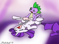 Size: 795x593 | Tagged: explicit, artist:strebiskunk, rarity, spike, age difference, balls, cum, cumming, dragon, eyes closed, female, foalcon, futa, futa rarity, g4, imported from derpibooru, intersex, male, male on futa, mare, nudity, on back, orgasm, penis, pony, sex, ship:sparity, shipping, unicorn