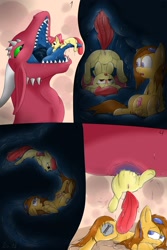 Size: 2000x3000 | Tagged: explicit, artist:liz_art, apple bloom, oc, oc:lucy the dragon, anus, bloomprey, butt, comic, dragon, dragons eating horses, drool, earth pony, female, fetish, filly, filly prey, foal, foalcon, full tour, g4, goggles, guts, head first, imported from derpibooru, mare, nudity, penis, plot, pony, preybloom, ratchet, saliva on goggles, slime, stomach, vagina, vore, vulva