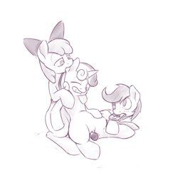 Size: 1280x1280 | Tagged: explicit, artist:jollyssillystuff, apple bloom, scootaloo, sweetie belle, cutie mark crusaders, dildo, ear bite, earth pony, female, foalcon, g4, grayscale, imported from derpibooru, lesbian, monochrome, nudity, pegasus, pony, sex toy, simple background, unicorn, vulva