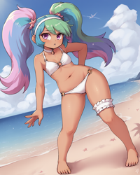 Size: 1024x1280 | Tagged: safe, princess celestia, ai content, ai generated, beach, bikini, clothes, female, garter, human, humanized, imported from twibooru, lolicon, pigtails, pose, prompter:anonymous, solo, solo female, swimsuit, underage, younger, younger celestia