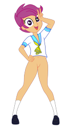 Size: 1900x3745 | Tagged: explicit, artist:gmaplay, scootaloo, banned from derpibooru, bottomless, breasts, clothes, delicious flat chest, edit, equestria girls, female, imported from twibooru, lolicon, nudity, partial nudity, pretty sailor crew, school uniform, shoes, simple background, small breasts, socks, solo, transparent background, underage, vulva