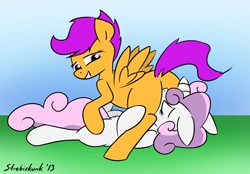 Size: 1050x730 | Tagged: explicit, artist:strebiskunk, scootaloo, sweetie belle, 69 position, cunnilingus, eyes closed, female, females only, foalcon, g4, imported from derpibooru, lesbian, looking back, nudity, oral, pegasus, pony, sex, ship:scootabelle, unicorn, vulva, wip