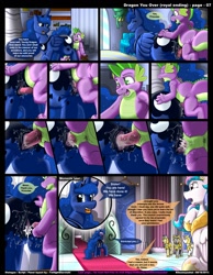 Size: 1165x1500 | Tagged: explicit, artist:kitsuneyoukai, princess celestia, princess luna, spike, comic:dragon you over, aftersex, alicorn, anatomically correct, anus, blushing, chubby, comic, creampie, crotchboobs, cum, doggy style, dragon, dragon on pony action, female, foalcon, g4, imported from derpibooru, interspecies, karma, male, nipples, nudity, orgasm, penetration, ponut, pony, royal guard, sex, ship:spiluna, straight, vaginal, vaginal secretions, vulva
