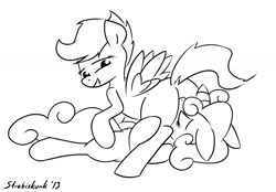 Size: 1050x730 | Tagged: explicit, artist:strebiskunk, scootaloo, sweetie belle, 69 position, cunnilingus, eyes closed, female, females only, foalcon, g4, grayscale, imported from derpibooru, lesbian, looking back, monochrome, nudity, oral, pegasus, pony, sex, ship:scootabelle, unicorn, vulva, wip