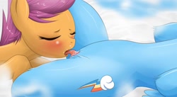 Size: 1024x563 | Tagged: explicit, artist:mricantdraw, rainbow dash, scootaloo, blushing, cunnilingus, eyes closed, female, filly, foal, foalcon, g4, imported from derpibooru, lesbian, mare, mare on filly, nudity, pegasus, pony, ship:scootadash, shipping, tongue out, vaginal secretions, vulva