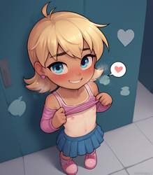 Size: 896x1024 | Tagged: questionable, ai content, ai generated, banned from derpibooru, belly button, blushing, breasts, child, clothes, delicious flat chest, female, flashing, heart, human, humanized, imported from twibooru, lolicon, looking at you, ms. harshwhinny, nipples, nudity, presenting, prompter:antedown, shirt, shirt lift, shoes, skirt, small breasts, solo, t-shirt, tan, tan lines, tan skin, underage, younger, younger female