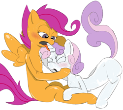 Size: 1437x1293 | Tagged: questionable, artist:litcigarette, scootaloo, sweetie belle, female, foalcon, g4, horn, hornjob, imported from derpibooru, lesbian, ship:scootabelle