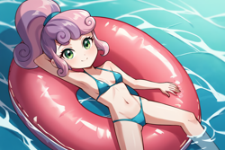 Size: 2304x1536 | Tagged: suggestive, sweetie belle, ai errors, ai generated, arm behind head, banned from derpibooru, belly button, bikini, blue bikini, clothes, female, g4, human, humanized, imported from twibooru, lolicon, looking at you, ocean, panties, ponytail, pool toy, prompter:drpeeper d fresa, smiling at you, swimsuit, thong, two-piece swimsuit, underage, underwear