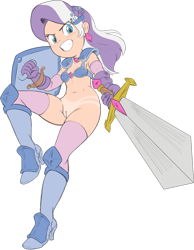 Size: 951x1223 | Tagged: explicit, artist:shaxbert, diamond tiara, armor, banned from derpibooru, bottomless, bottomless edit, breasts, clothes, color edit, colored, edit, fantasy class, female, human, humanized, imported from twibooru, lolicon, nudity, partial nudity, simple background, small breasts, solo, sword, tan lines, transparent background, unconvincing armor, underage, vulva, warrior, weapon