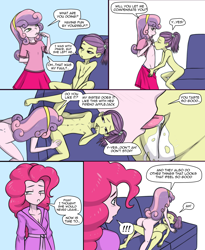 Size: 1800x2200 | Tagged: explicit, artist:oldskullkid, pinkie pie, sweetie belle, comic:pinkie's exciting babysitting, ..., absolute cleavage, age difference, banned from derpibooru, bathrobe, belly button, blushing, breasts, busty pinkie pie, child, cleavage, clothed female nude female, clothes, clothes removed, comic, cunnilingus, dialogue, english, equestria girls, erect nipples, erotic tickling, exclamation point, female, females only, fetish, flatchest, flatchest belle, floating heart, g4, hairband, heart, human, imported from twibooru, lesbian, liking it, lily pad (equestria girls), lilybelle, lolicon, long hair, looking at each other, looking at someone, looking at you, masturbation, moaning, moaning in pleasure, nipple outline, nipples, nude female, nude female nude female, nudity, oral, painting, part of a series, part of a set, picture, ponytail, pussy lickling, pussy tickling, question mark, robe, sex, shipping, shirt, siblings, sisters, skirt, skirt pull, t-shirt, tickle fetish, tickling, tongue out, underage, undressed, undressing, vaginal secretions, vulva