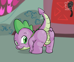 Size: 920x770 | Tagged: explicit, artist:raukue, spike, anus, balls, dragon, foalcon, g4, imported from derpibooru, lip bite, looking at you, male, nudity, penis, presenting, solo, solo male