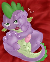 Size: 1018x1245 | Tagged: explicit, artist:fuf, spike, anus, balls, cum, dragon, foalcon, foot fetish, g4, imported from derpibooru, male, nudity, on back, penis, self worship, solo, solo male, tongue out