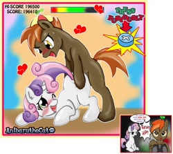 Size: 1280x1141 | Tagged: explicit, artist:anibaruthecat, button mash, sweetie belle, blushing, engrish, female, foalcon, funny porn, g4, heart, imported from derpibooru, male, penetration, quick time event, sex, ship:sweetiemash, shipping, straight, vaginal, video game