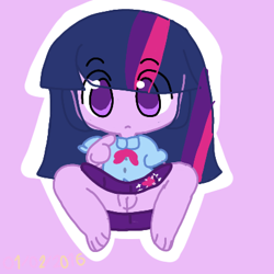 Size: 400x400 | Tagged: explicit, twilight sparkle, banned from derpibooru, bottomless, chibi, clothes, equestria girls, feet, female, g4, genitals, imported from twibooru, lolicon, no panties, nudity, partial nudity, pointing at self, purple eyes, purple skirt, skirt, trace, underage, vulva