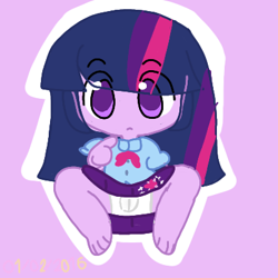 Size: 400x400 | Tagged: questionable, twilight sparkle, banned from derpibooru, chibi, clothes, equestria girls, feet, female, g4, imported from twibooru, lolicon, panties, pointing, pointing at self, purple eyes, purple skirt, skirt, trace, underage, underwear, white panties, white underwear