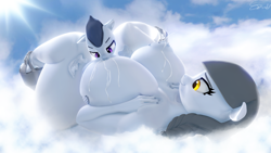 Size: 3840x2160 | Tagged: explicit, artist:snuddy, oc, oc:caring hearts, 3d, anthro, balls, banned from derpibooru, big breasts, breast milk, breastfeeding, breasts, cloud, female, full body, hips, huge breasts, imported from twibooru, male, milking, missing cutie mark, mother, mother and child, mother and son, nudity, pegasus, penis, plantigrade anthro, platform heels, platform sandals, rumble, sandals, shotacon, size difference, sky, smiling, smug, son, source filmmaker, suckling, underage, vagina, vulva, wide hips, young