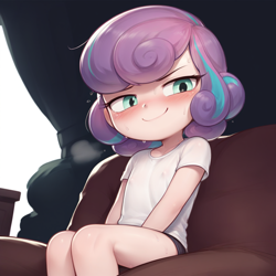 Size: 1280x1280 | Tagged: suggestive, princess flurry heart, ai content, ai generated, banned from derpibooru, blushing, child, clothes, erect nipples, female, human, humanized, imported from twibooru, lolicon, looking down, nipple outline, prompter:antedown, see-through, shirt, shorts, sitting, solo, solo female, sweat, t-shirt, underage
