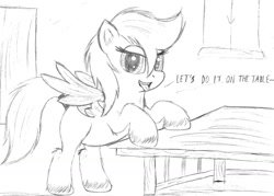 Size: 1258x903 | Tagged: questionable, artist:liquidarrow-x, scootaloo, black and white, female, filly, foal, foalcon, g4, grayscale, hooves, imported from derpibooru, monochrome, pegasus, pony, solo, solo female, table, tail wrap, text, wings
