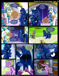 Size: 1165x1500 | Tagged: explicit, artist:kitsuneyoukai, princess celestia, princess luna, spike, comic:dragon you over, anus, canterlot castle, comic, crotchboobs, dragon, female, foalcon, g4, imported from derpibooru, nipples, nudity, royal guard, the ride never ends, vagina