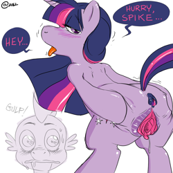 Size: 1024x1024 | Tagged: explicit, artist:@, spike, twilight sparkle, blushing, detailed vagina, dragon, female, foalcon, g4, gaping, imported from derpibooru, male, nudity, pony, ship:twispike, shipping, spread pussy, spreading, straight, tongue out, vagina, vulva