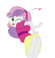 Size: 1900x2014 | Tagged: questionable, artist:gmaplay, sweetie belle, ass, banned from derpibooru, bottomless, butt, clothes, edit, emanata, equestria girls, female, floating heart, g4, heart, human, imported from twibooru, lolicon, looking at you, looking back, looking back at you, no panties, one eye closed, open mouth, open smile, presenting, simple background, skirt, skirt lift, smiling, solo, sweetie butt, taunt, taunting, transparent background, underage, wink, winking at you
