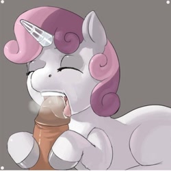 Size: 700x700 | Tagged: explicit, artist:kevinsano edits, sweetie belle, blowjob, drool, edit, female, foalcon, g4, hippo snout, horn, human, human on pony action, human penis, imported from derpibooru, just the tip, male, nudity, oral, penis, pony, sex, straight, translucent horn