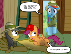 Size: 1440x1080 | Tagged: explicit, artist:jepso, rainbow dash, scootaloo, belly button, blushing, caught, clothes, clubhouse, crusaders clubhouse, cunnilingus, daring do, dialogue, door, drool, drool string, female, filly, foal, foalcon, g4, imported from derpibooru, lesbian, mare, mare on filly, nudity, open clothes, open shirt, oral, pegasus, pony, scootado, scootaround, sex, shipping, show accurate, show accurate porn, sweat, vaginal secretions, wide eyes