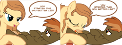 Size: 1186x438 | Tagged: explicit, artist:tiarawhy, button mash, oc, oc:cream heart, age difference, animation error, blowjob, button mash's milf quest, button's adventures, canon x oc, colt, comic, dialogue, earth pony, earth pony oc, female, foal, foalcon, g4, imported from derpibooru, incest, male, mare, mare on colt, mother and child, mother and son, nudity, oral, penis, pony, sex, ship:buttoncest, show accurate, show accurate porn, straight, straight shota