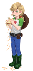 Size: 2292x4871 | Tagged: safe, artist:applephil, applejack, behaving like a horse, boots, child, clothes, cutie mark, cutie mark on clothes, daffodil and daisy sandwich, eating, equestria girls, female, flower, food, freckles, g4, hair tie, hat off, hay, human, humanized, imported from twibooru, light skin, lolicon, looking at you, pants, rosy cheeks, sandwich, shirt, shoes, simple background, solo, standing, toolbelt, underage, white background, younger