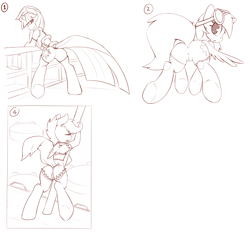 Size: 1278x1196 | Tagged: explicit, artist:grumblepluck, rainbow dash, scootaloo, twilight sparkle, cameltoe, clothes, female, foalcon, g4, imported from derpibooru, legwear, nudity, sketch, stockings, thigh highs, vulva