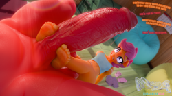 Size: 2771x1555 | Tagged: explicit, artist:snuddy, scootaloo, 3d, age difference, anthro, balls, bandage, banned from derpibooru, beanbag chair, big mcintosh, blender, bottomless, clothes, crepuscular rays, dialogue, earth pony, erection, eyes on the prize, faceless male, feet, female, fetish, flip-flops, floppy ears, foot fetish, footjob, human penis, imported from twibooru, lolicon, male, nervous, nudity, offscreen character, partial nudity, pegasus, penis, plantigrade anthro, precum, scootamac, shipping, shorts, size difference, straight, tanktop, underage, young