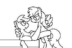 Size: 450x300 | Tagged: explicit, artist:goombells, rainbow dash, scootaloo, animated, balls, female, filly, foal, foalcon, futa, futa on female, futa on filly, futa rainbow dash, g4, imported from derpibooru, intersex, monochrome, nudity, pegasus, penis, pony, sex, ship:scootadash, shipping, table, table lotus position