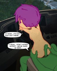 Size: 1200x1500 | Tagged: explicit, artist:realdash, scootaloo, oc, oc:anon, series:time is all we have, age difference, banned from derpibooru, butt touch, car, car interior, car sex, complete nudity, equestria girls, feet, female, hand on butt, hotdogging, human, human on equestria girl action, imminent orgasm, imported from twibooru, leaning, lolicon, messy hair, nudity, part of a set, penis, post-apocalyptic, precum, rain, road, rv, sex, underage, vehicle, young